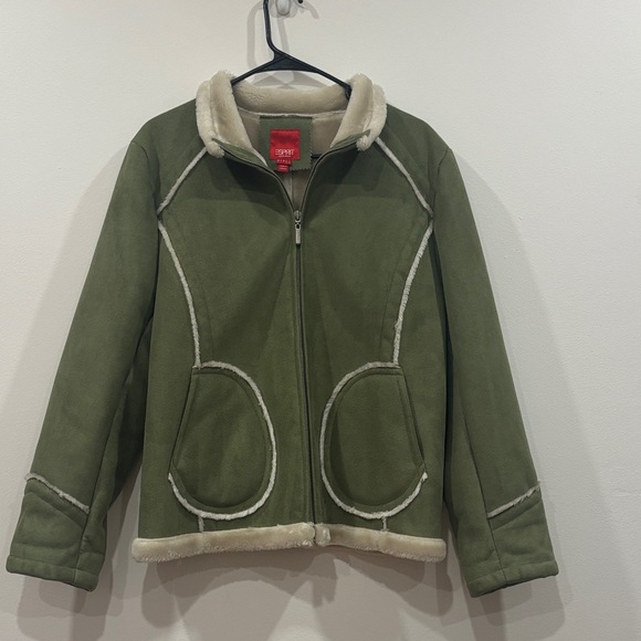 Esprit Outerwear | Large Women’s Green & Cream Lined Teddy Zip Jacket - Picture 4 of 7